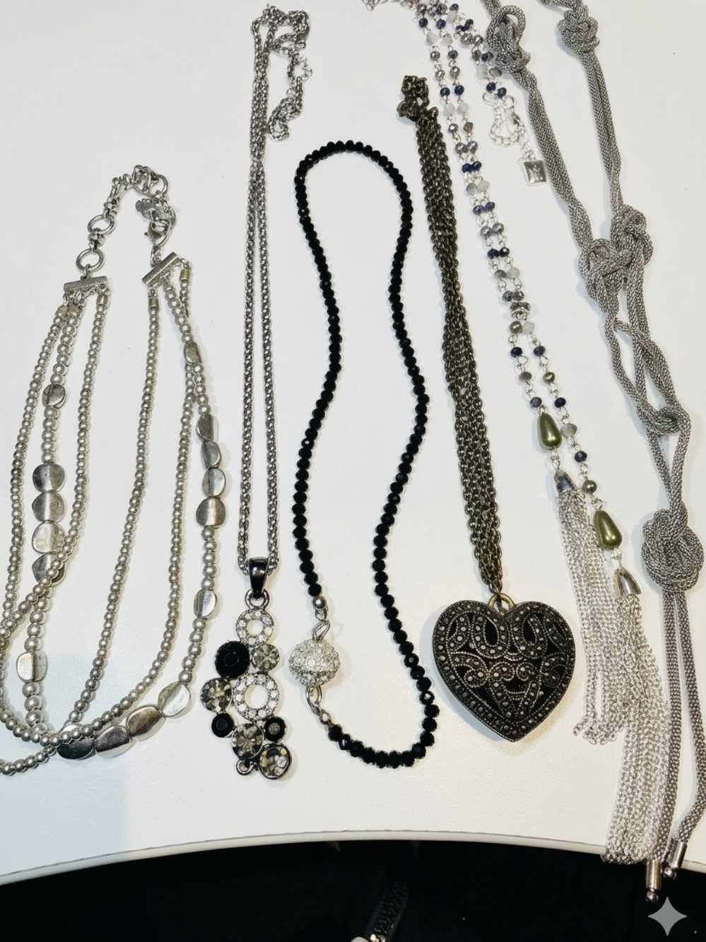 Vintage Silver and Black Mixed Metal Heart Pendant Necklaces Lot